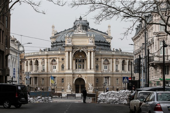 epa09863839 A view of Odessa National Academic Theater of Opera and Balletstore building surrounded by sandbags in a checkpoint, Odessa, Ukraine, 01 April 2022. On 24 February Russian troops had enter ...