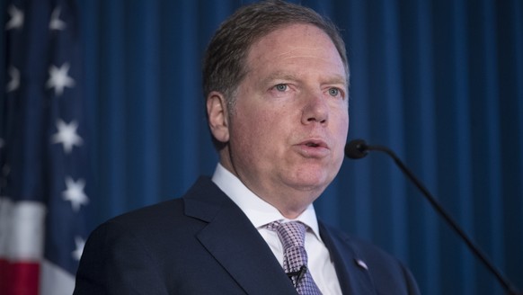 FILE - In this April 23, 2019, file photo, Geoffrey Berman, U.S. Attorney for the Southern District of New York, speaks during a news conference in New York. The Justice Department moved abruptly Frid ...