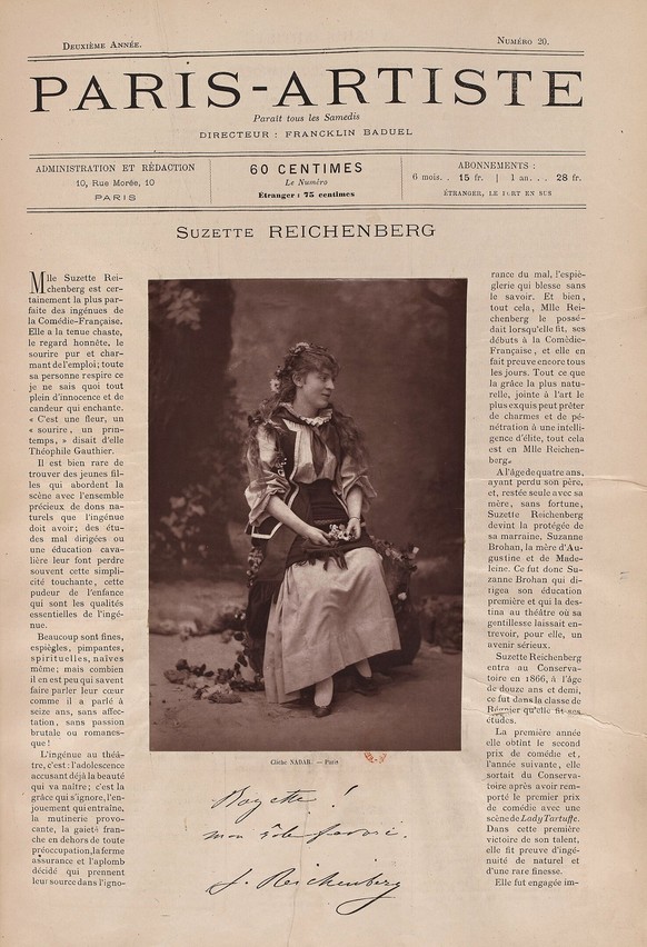 Suzette Reichenberg - crepes suzette schauspielerin paris belle epoque https://fr.wikipedia.org/wiki/Suzanne_Reichenberg#/media/Fichier:Paris-Artiste_N_20_Suzette_Reichenberg_1884.jpg