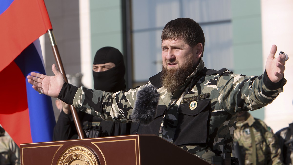 Ramzan Kadyrov, leader of the Russian province of Chechnya gestures speaking to about 10,000 troops in Chechnya's regional capital of Grozny, Russia, Tuesday, March 29, 2022. (AP Photo)