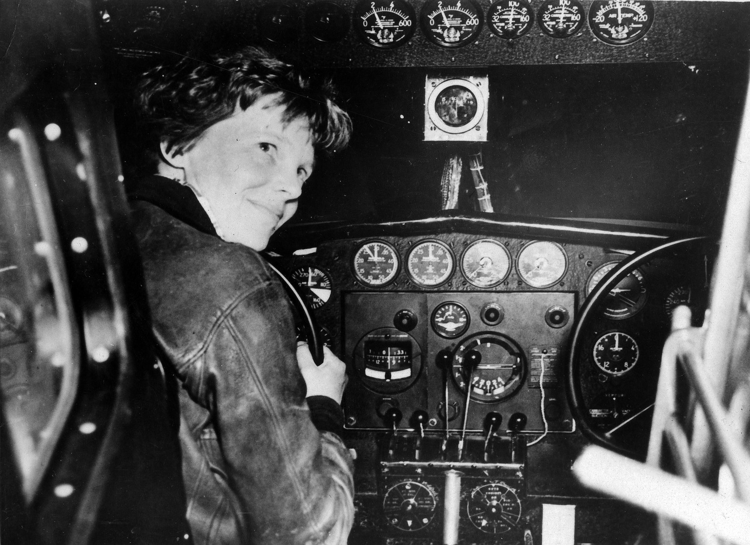 epa06591365 A handout photo made available by the National Archives showing US pilot Amelia Earhart &#039;prior to last take-off&#039; which was in Lae, New Guinea 02 July 1937. Earhart disappeared on ...