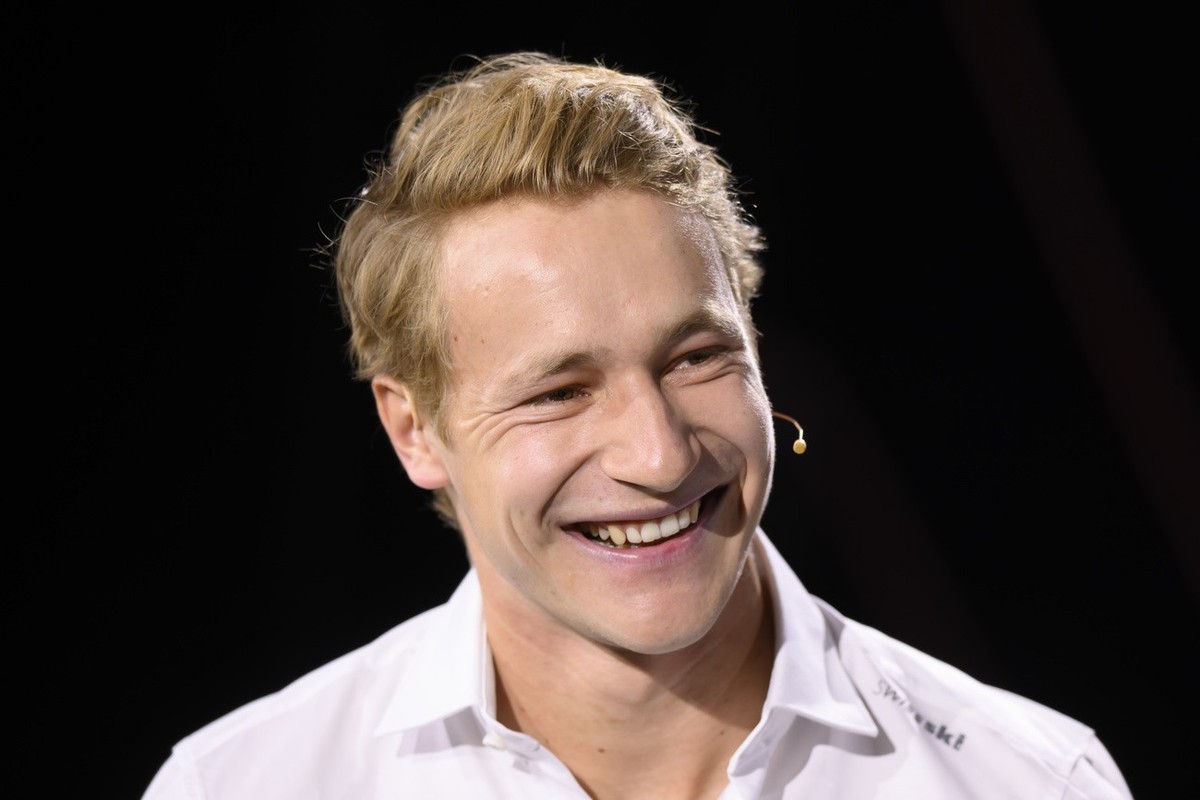 Marco Odermatt, Switzerland's Olympic champion in Ski Alpin, speaks during the Swiss Economic Forum SEF in Interlaken, Switzerland, Thursday, June 2, 2022. (KEYSTONE/Anthony Anex)