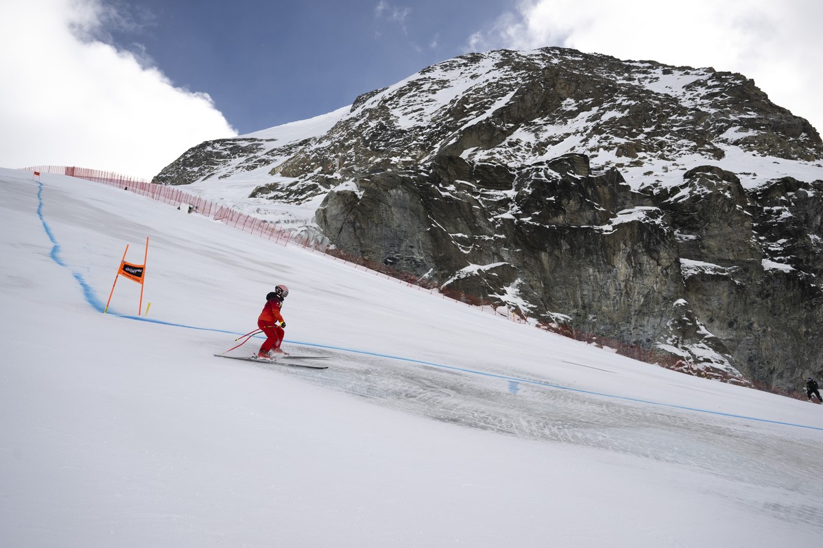 Joana Haehlen of Switzerland during inspection prior the women's downhill race on the new ski course "Gran Becca" at the Alpine Skiing FIS Ski World Cup Zermatt-Cervinia, in Cervinia, I ...