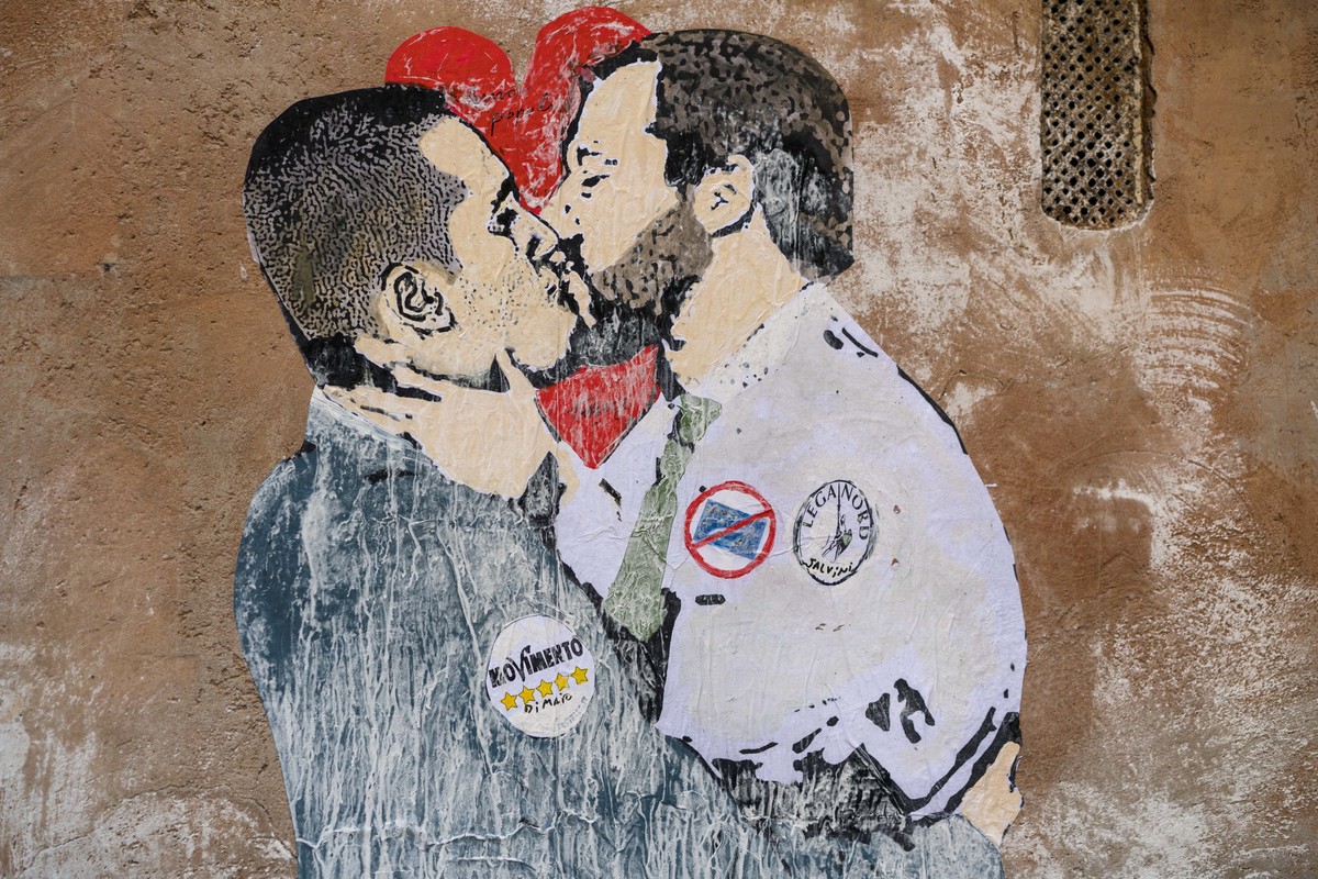 A mural shows 5-Star Movement's Luigi di Maio, left, and The League's leader Matteo Salvini kissing, on the same day that new members of Parliament were gathering in the two chambers to vote ...