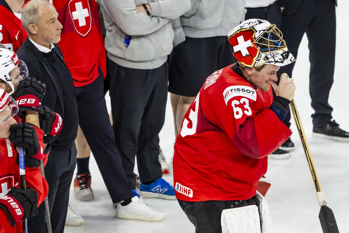 Switzerland's goaltender Leonardo Genoni reacts after the victory of the team USA during the gold medal game between Switzerland and USA at the IIHF 2025 World Championship, at the Avicii Arena ( ...