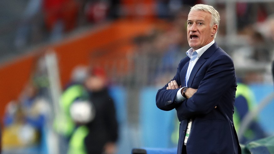 France head coach Didier Deschamps yells during the group C match between France and Peru at the 2018 soccer World Cup in the Yekaterinburg Arena in Yekaterinburg, Russia, Thursday, June 21, 2018. (AP ...