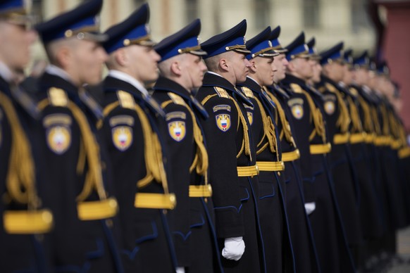 epa12942802 Russian servicemen stand in a formation before the Victory Day military parade in Moscow, Russia, 09 May 2026. Russia marks the 81st anniversary of the victory in World War II over Nazi Ge ...