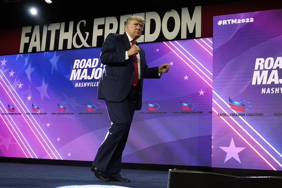 Former President Donald Trump dances as he leaves the stage after speaking at the Road to Majority conference Friday, June 17, 2022, in Nashville, Tenn. (AP Photo/Mark Humphrey)
Donald Trump