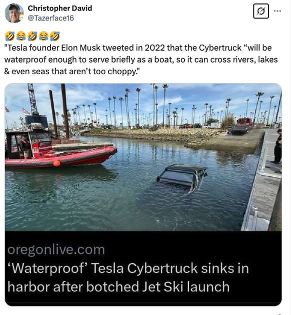 https://x.com/Tazerface16/status/1900958163723333912 Cybertruck is waterproof