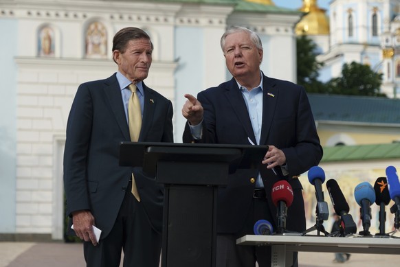 Sen. Lindsey Graham, R-S.C., right, and Sen. Richard Blumenthal, D-Conn., left, speak during a press conference in Kyiv, Ukraine, on Friday, May 30, 2025. (AP Photo/Vasilisa Stepanenko)
Russia Ukraine ...