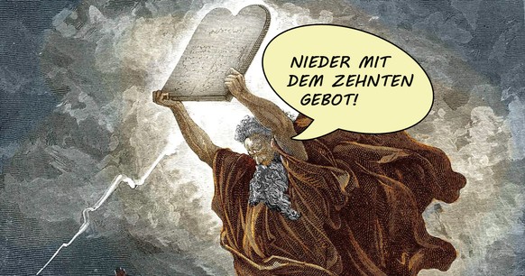 Moses zerbricht im Zorn die Gesetzestafeln (Exodus 32, 19-20), gezeichnet von Gustave Doré.