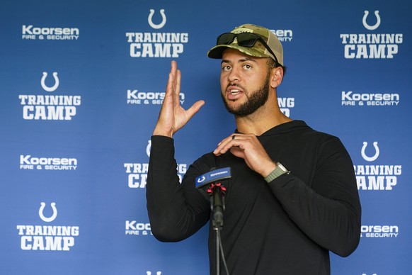 Indianapolis Colts wide receiver Michael Pittman Jr. speaks with the media at the NFL team&#039;s football training camp in Westfield, Ind., Tuesday, July 25, 2023. The Colts open practice on Wednesda ...