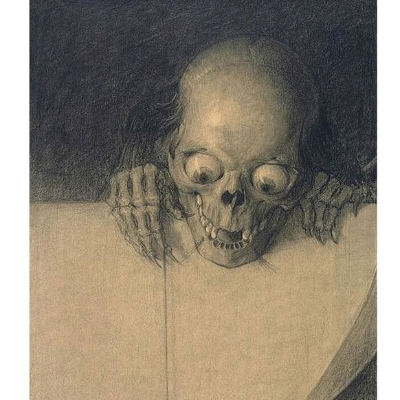 Weirdly cute skeleton peeping over a ledge. Pencil and charcoal drawing by Julien Adolphe Duvocelle, 1904.