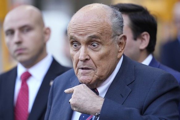 Former New York Mayor Rudy Giuliani speaks to the media as he leaves court in New York, Thursday, Nov. 7, 2024. (AP Photo/Seth Wenig)
Rudy Giuliani