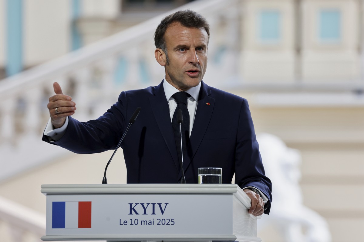 French President Emmanuel Macron speaks during press conference at the Mariinsky Palace in Kyiv, Ukraine, Saturday, May 10, 2025. (Ludovic Marin, Pool Photo via AP)
Russia Ukraine War