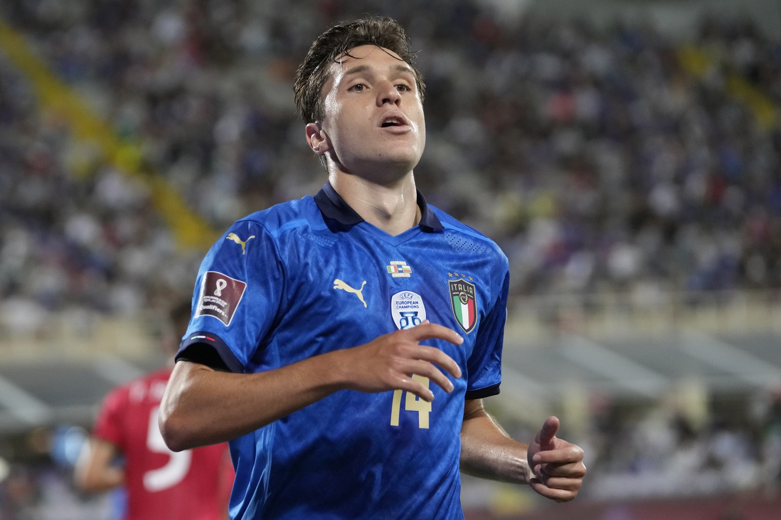 Italy&#039;s Federico Chiesa runs during the World Cup 2022 qualifier group c soccer game between Italy and Bulgaria at the Artemio Franchi stadium in Florence, Italy, Thursday, Sept. 2, 2021. (AP Pho ...