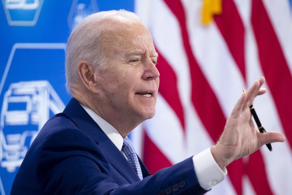 epa09653997 US President Joe Biden responds to members of the news media asking questions during a meeting held with CEOs and members of his Supply Chain Task Force, in the Eisenhower Executive Office ...