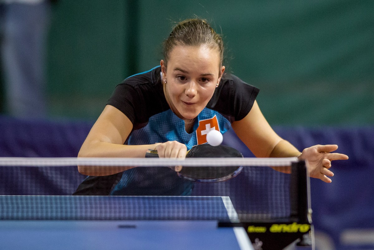 Switzerland's Celine Reust returns the ball to Klaudia Kusinska of Poland during the Women's Team Table Tennis European Championship 2017 Group E qualifying match between Poland and Switzerl ...
