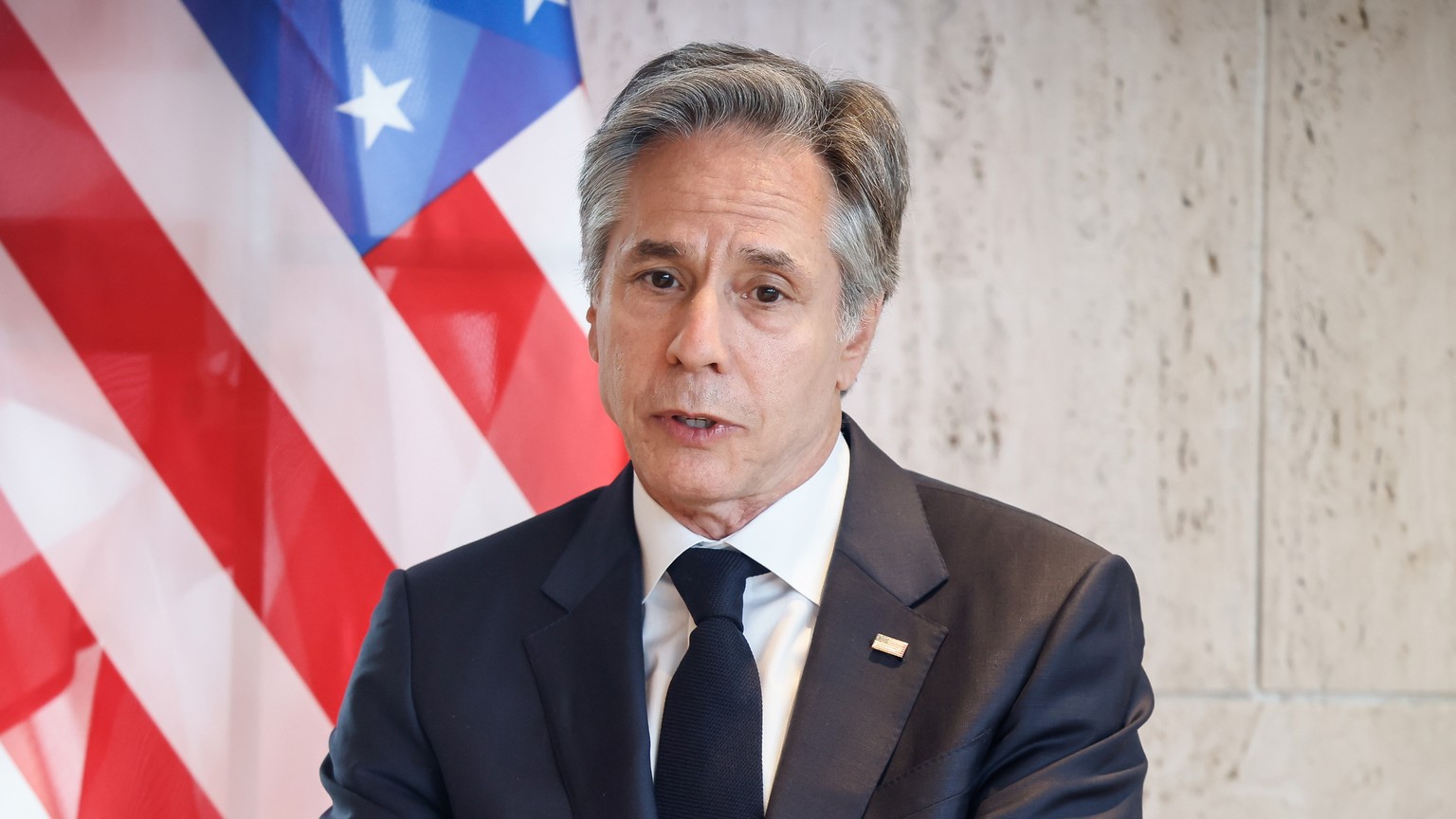 epa11255696 US Secretary of State Antony Blinken speaks during a meeting with UNESCO Director-General Audrey Azoulay (not pictured) at the UNESCO headquarters in Paris, France, 02 April 2024. Blinken  ...