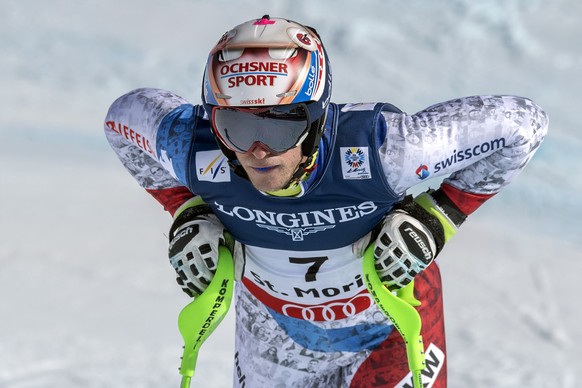 Justin Murisier, of Switzerland, reacts in the finish area, during the men alpine combined slalom race at the 2017 FIS Alpine Skiing World Championships in St. Moritz, Switzerland, Monday, February 13 ...