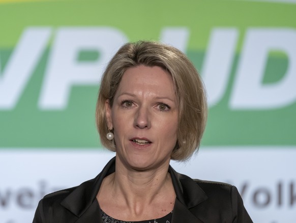 Sibylle Jeker (Kantonsraetin SO) an der Delegiertenversammlung der Schweizerischen Volkspartei SVP in Balsthal, am Samstag, 25. Januar 2025. (KEYSTONE/Georgios Kefalas)