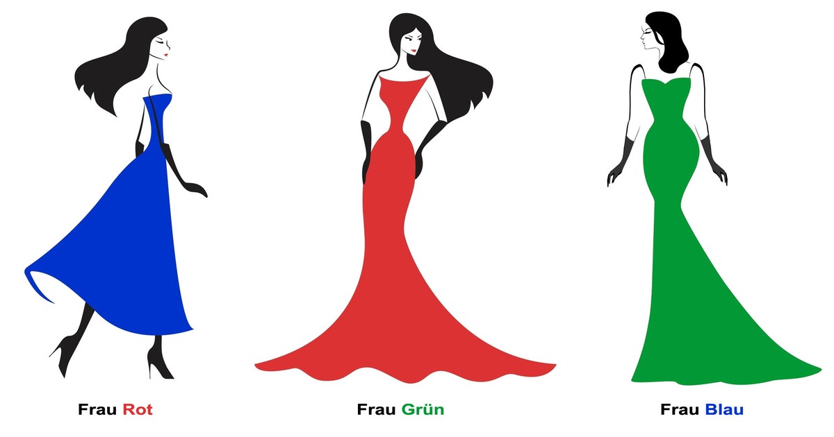 Drei Frauen in Kleidern unterschiedlicher Farbe, Lösung
