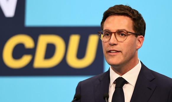 epa12799446 Chairman of the CDU Baden-Wuerttemberg and top candidat for state election, Manuel Hagel, delivers a speech during a campaign event of the Christian Democratic Union (CDU) party for the st ...