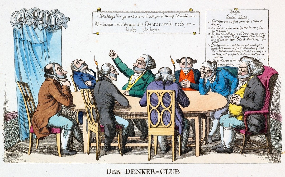 Cette caricature, dessinée en 1819 en réaction aux décrets de Karlsbad, représente un club de réflexion fictif. Elle symbolise la répression de la liberté d’expression par la censure, illustrée par le ...