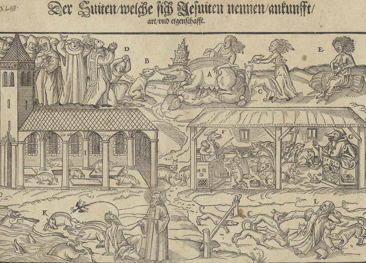 Reformationspolemik gegen die Jesuiten – im Zentrum des Bildes die Papstsau, ein beliebtes Motiv in jener Zeit.