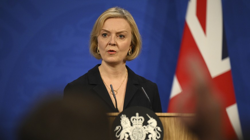 Britain&#039;s Prime Minister Liz Truss holds a press conference in the Downing Street Briefing Room in central London, Friday Oct. 14, 2022. Embattled British Prime Minister sacked her Treasury chief ...