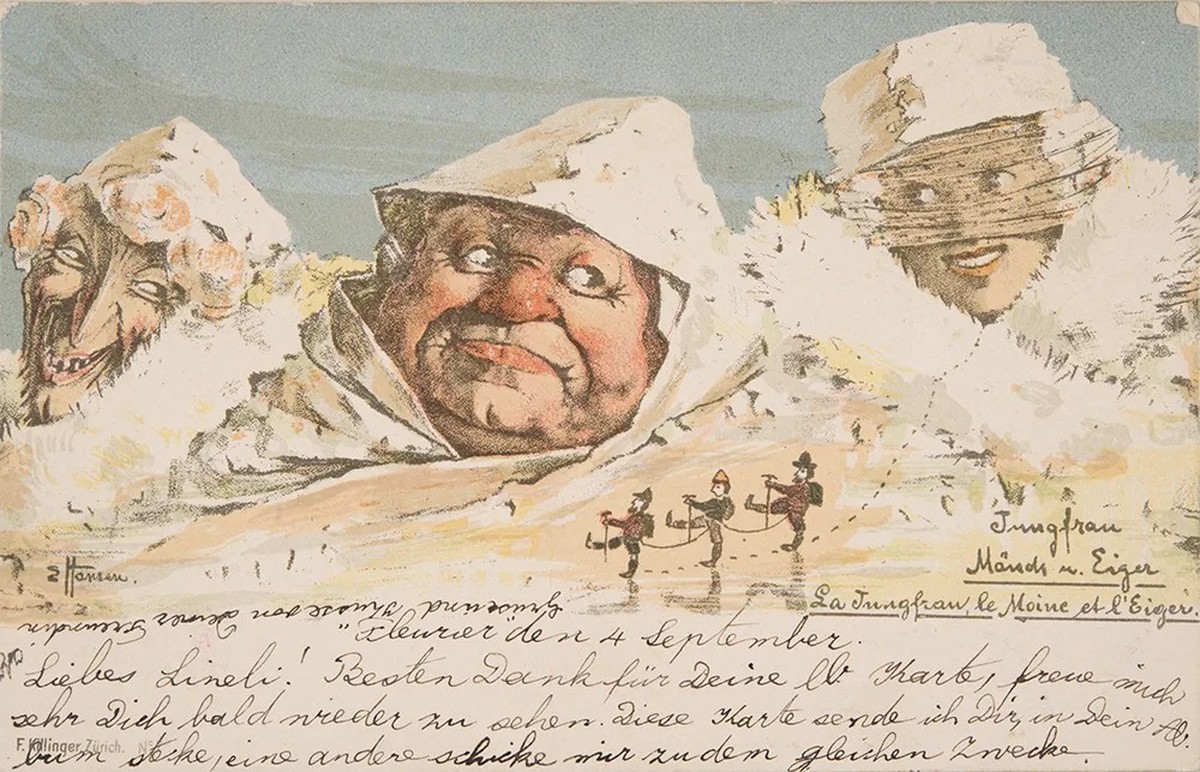 Jungfrau, Mönch und Eiger, Postkarte von Emil Nolde, um 1897.
https://permalink.nationalmuseum.ch/100618422