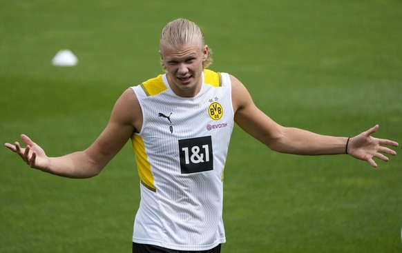 Borussia's Erling Haaland reacts during a training session of German Bundesliga soccer club Borussia Dortmund, in Dortmund, Germany, Thursday, July 15, 2021. The Norwegian forward star could be the biggest name to change teams this summer. (AP Photo/Martin Meissner)