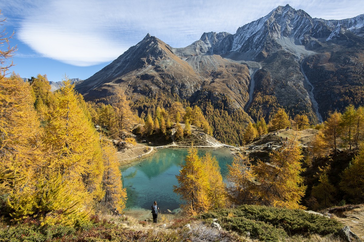 The "Blue Lake", "Lac Bleu" in French, (2090m above the sea level) surrounded by larch trees is pictured during a beautiful autumn day, near Arolla, in Valais, Switzerland, this Su ...