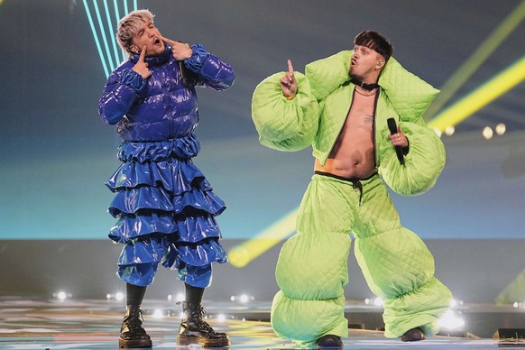 Former Eurovision competitors Kaarija from Finland and Baby Lasagna from Croatia perform a song battle during the dress rehearsal for the Grand Final of the 69th Eurovision Song Contest, in Basel, Swi ...