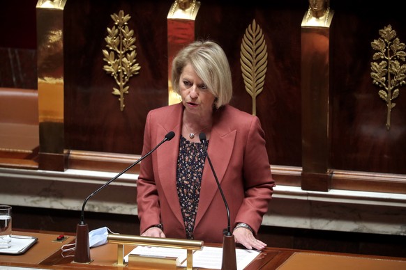 epa09689545 French Junior Minister of Autonomy Brigitte Bourguignon speaks during the final debate ahead the vote of a bill instituting the compulsory vaccinal pass and a series of health measures aim ...