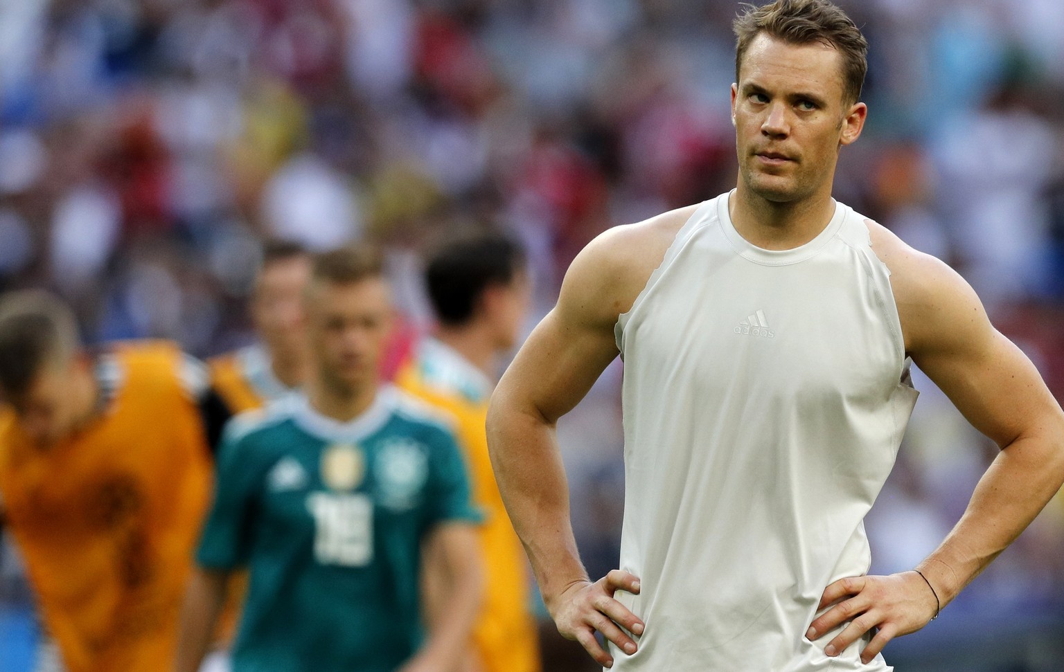 epa06844771 Goalkeeper Manuel Neuer of Germany reacts after the FIFA World Cup 2018 group F preliminary round soccer match between South Korea and Germany in Kazan, Russia, 27 June 2018.

(RESTRICTI ...