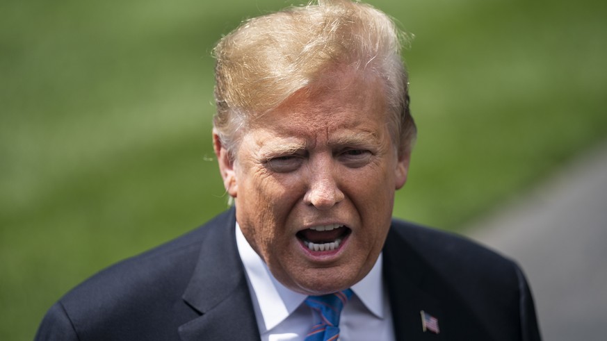 epa07570175 US President Donald J. Trump speaks to the media about China tariffs and the tensions with Iran, as he departs the White House for events in Louisiana, in Washington, DC, USA, 14 May 2019. ...