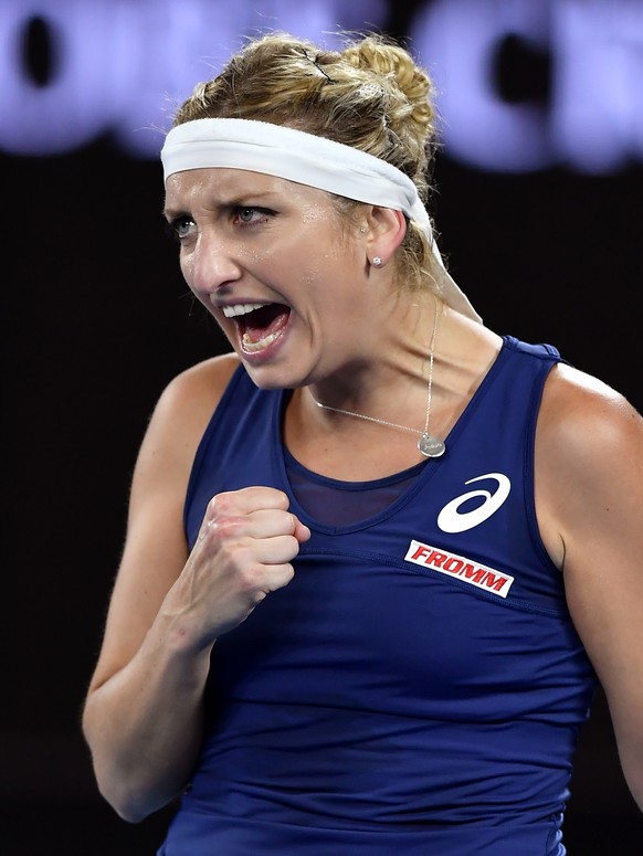 Switzerland&#039;s Timea Bacsinszky reacts after winning a point against Australia&#039;s Daria Gavrilova during their third round match at the Australian Open tennis championships in Melbourne, Austr ...