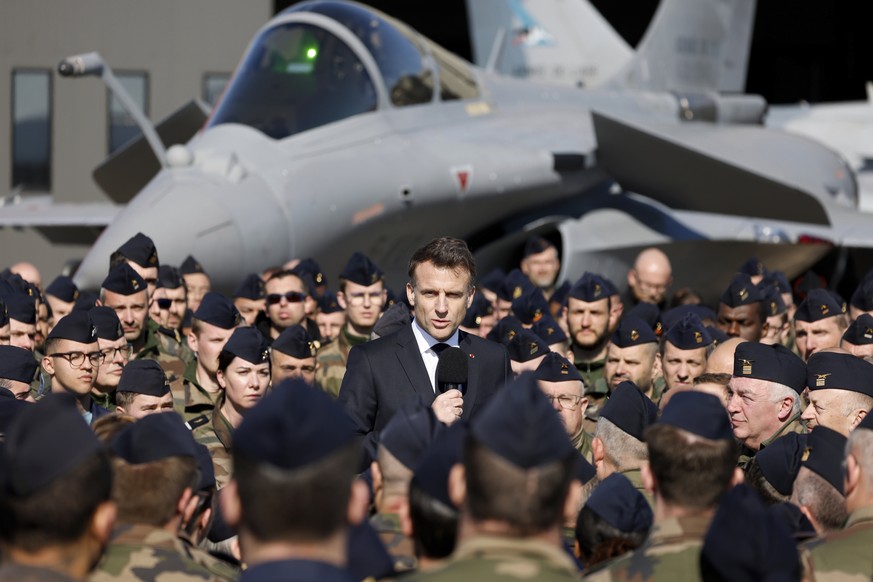 French President Emmanuel Macron speaks to soldiers at the Luxeuil-Saint-Sauveur airbase, in Saint-Sauveur, north-eastern France, Tuesday, March 18, 2025. (Ludovic Marin, Pool via AP)
France Defense
