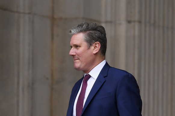 Labour leader Keir Starmer leaves after attending a service of thanksgiving for the reign of Queen Elizabeth II at St Paul���s Cathedral in London Friday June 3, 2022 on the second of four days of cel ...