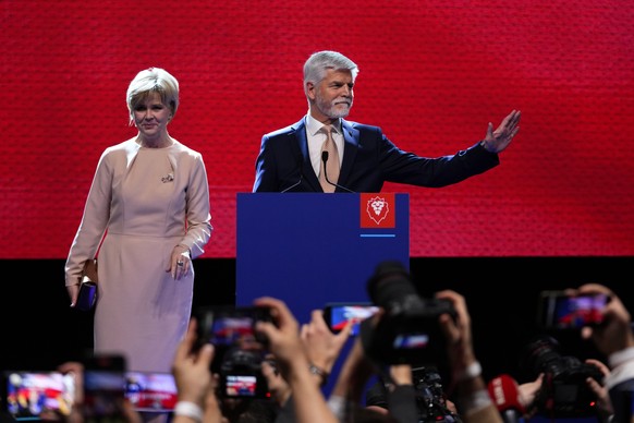 President-elect of the Czech Republic Petr Pavel greets his supporters after announcing the preliminary results of the presidential second round in Prague, Czech Republic, Saturday, January 28, 2023. (AP Photo…