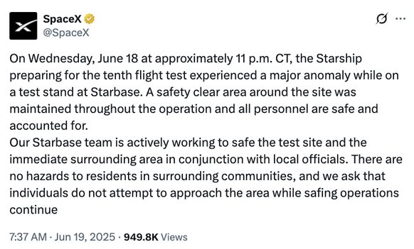 SpaceX-Post auf X zu einer Explosion einer Rakete am 18. Juni 2025.