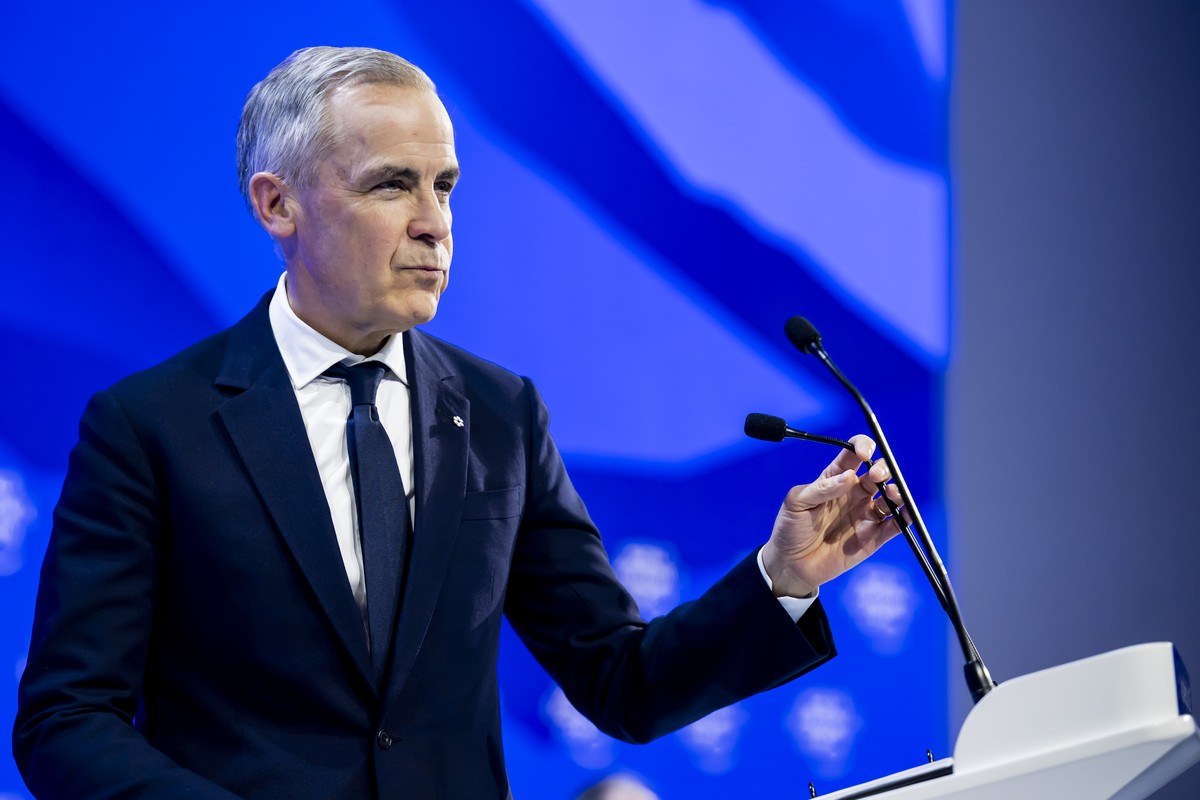 Canada Prime Minister Mark Carney speaks during a plenary session in the Congress Hall at the 56th annual meeting of the World Economic Forum, WEF, in Davos, Switzerland, Tuesday, January 20, 2026. Th ...