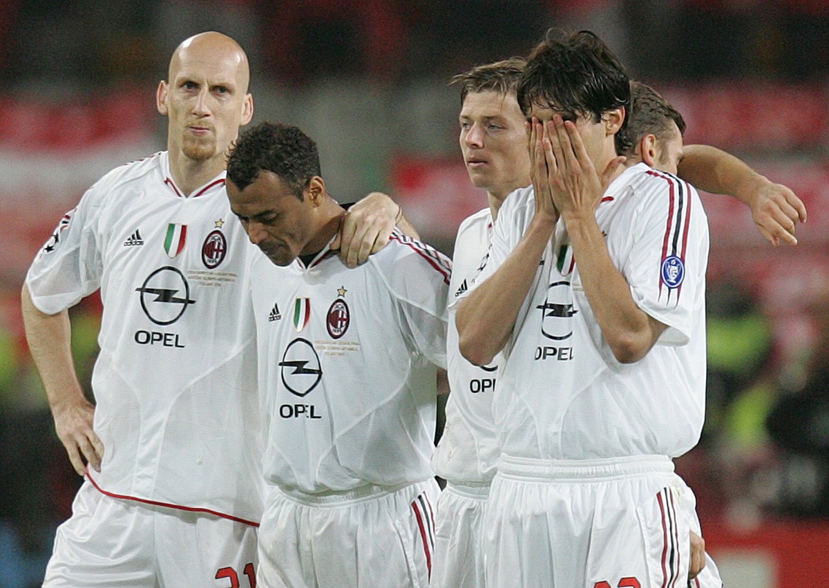 AC Milan's Jaap Stam, Cafu, Jon Dahl Tomasson and Kaka, from left, react during a penalty shootout at the end of the UEFA Champions League Final between AC Milan and Liverpool at the Ataturk Olym ...