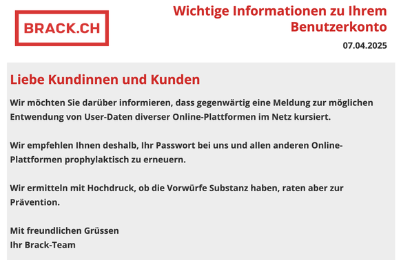 Brack-Mitteilung zu möglichem Datendiebstahl (7. April 2025)