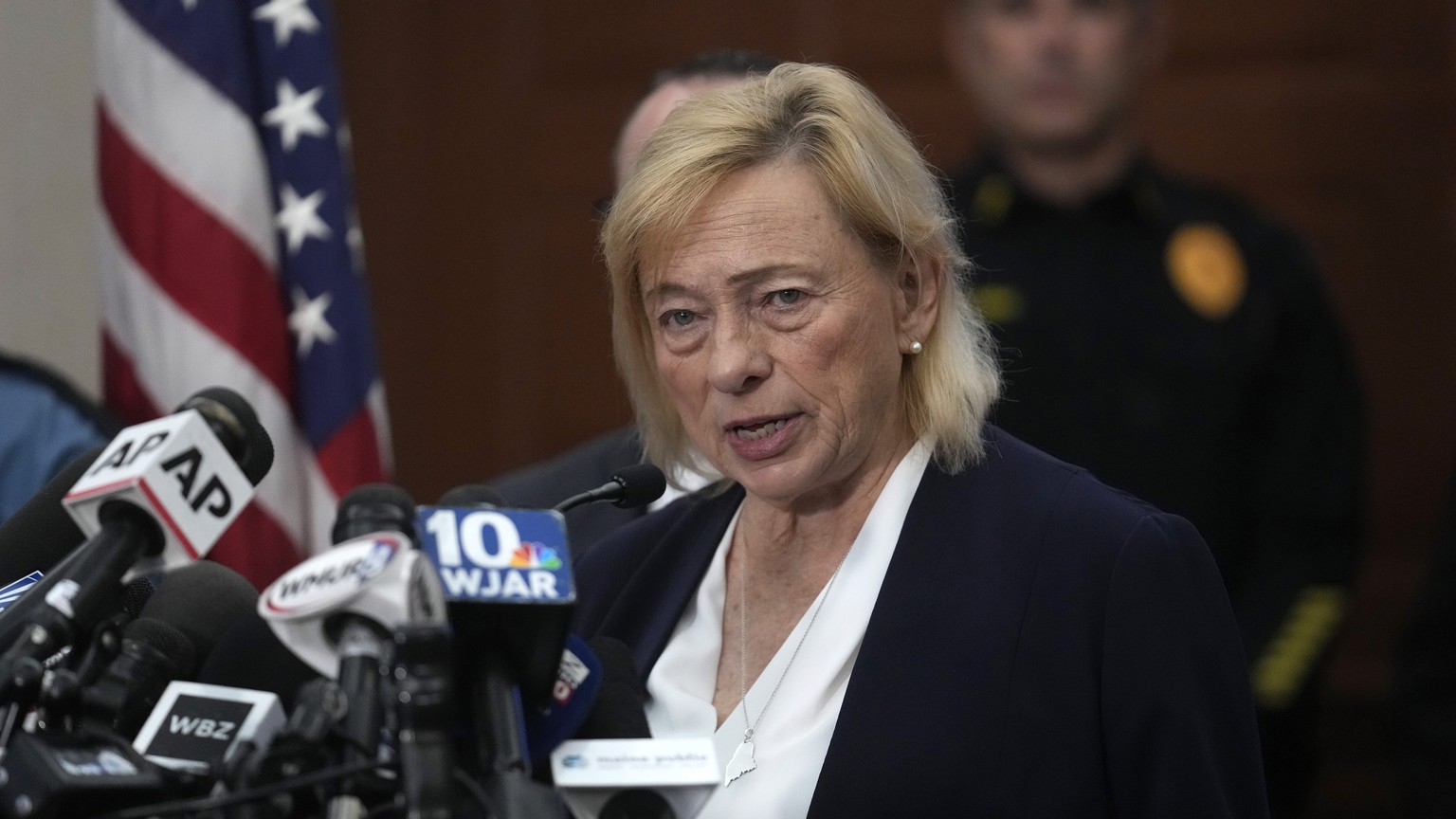 Maine Gov. Janet Mills faces reporters Thursday, Oct. 26, 2023, during a news conference at Lewiston City Hall, in Lewiston, Maine. Residents have been ordered to shelter in place as police continue t ...