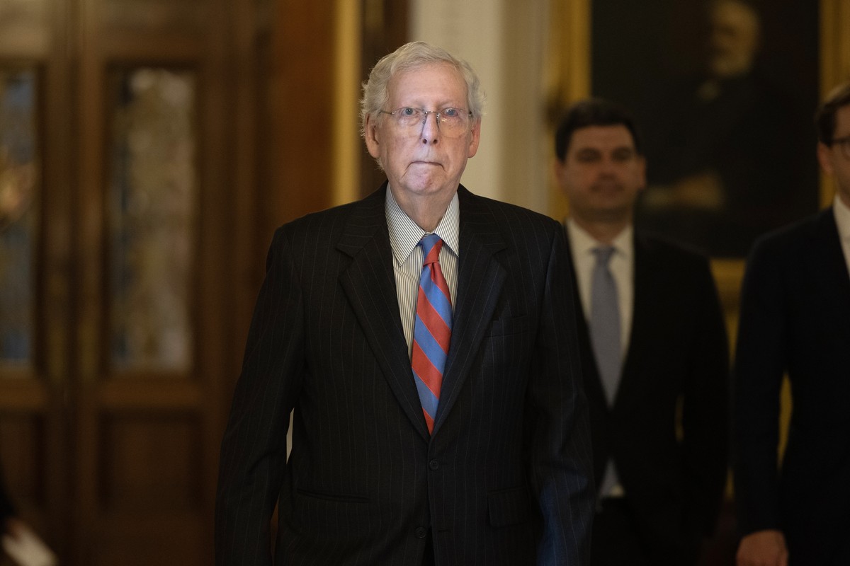 epa11392309 Senate Minority Leader Mitch McConnell walks from the Senate chamber to his office on Capitol Hill in Washington, DC, USA, 05 June 2024. The Senate failed to advance reproductive rights le ...