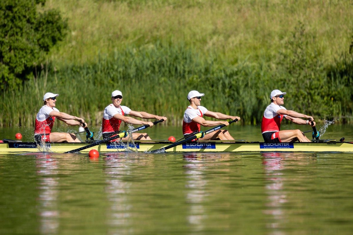 epa11370562 Joel Schuerch, Tim Roth, Patrick Brunner and Kai Schaetzle of Switzerland, from left, compete in the Men's Four Final B on the third day of the 2024 World Rowing Cup at Rotsee in Luce ...