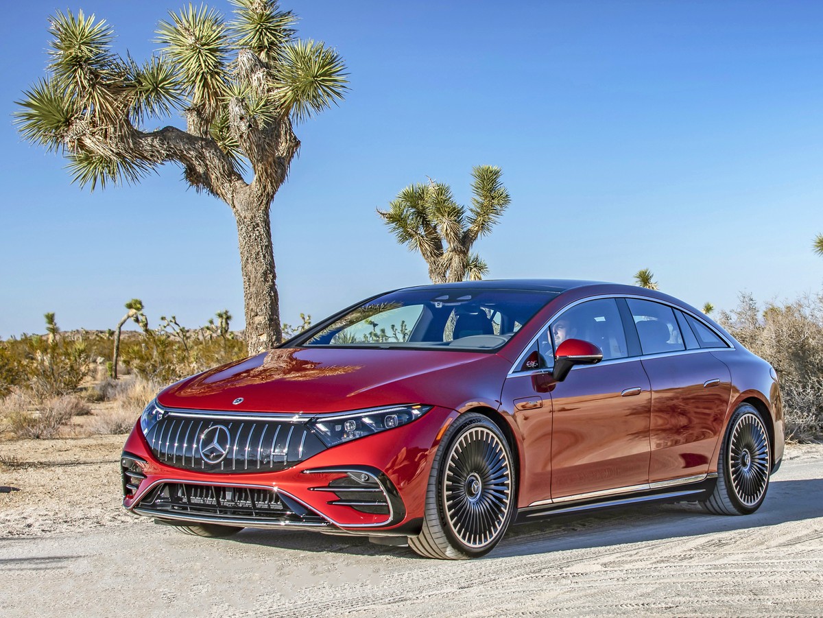 This photo provided by Mercedes-Benz shows the 2022 Mercedes-Benz EQS, a large electric luxury sedan with an EPA-estimated range of up to 350 miles. (Courtesy of Mercedes-Benz USA via AP)