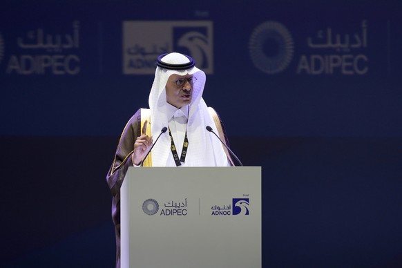 Saudi Arabia&#039;s Energy Minister Prince Abdulaziz bin Salman talks at the Abu Dhabi International Petroleum Exhibition &amp; Conference in Abu Dhabi, United Arab Emirates, Monday, Oct. 31, 2022. Sa ...
